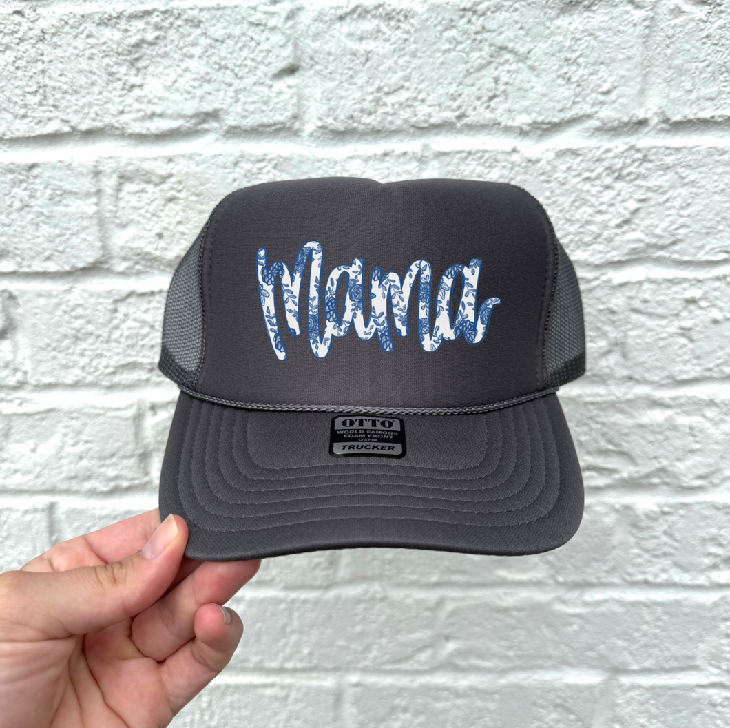 Mama Blue Willow Floral Hat DTF Transfer