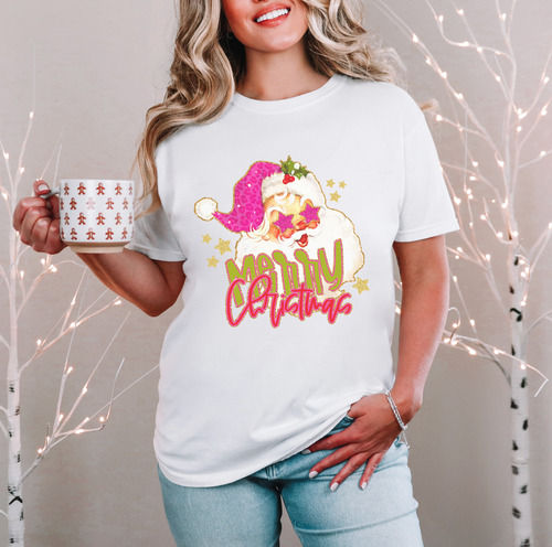 Vintage Pink Glitter Santa Merry Christmas Shirt