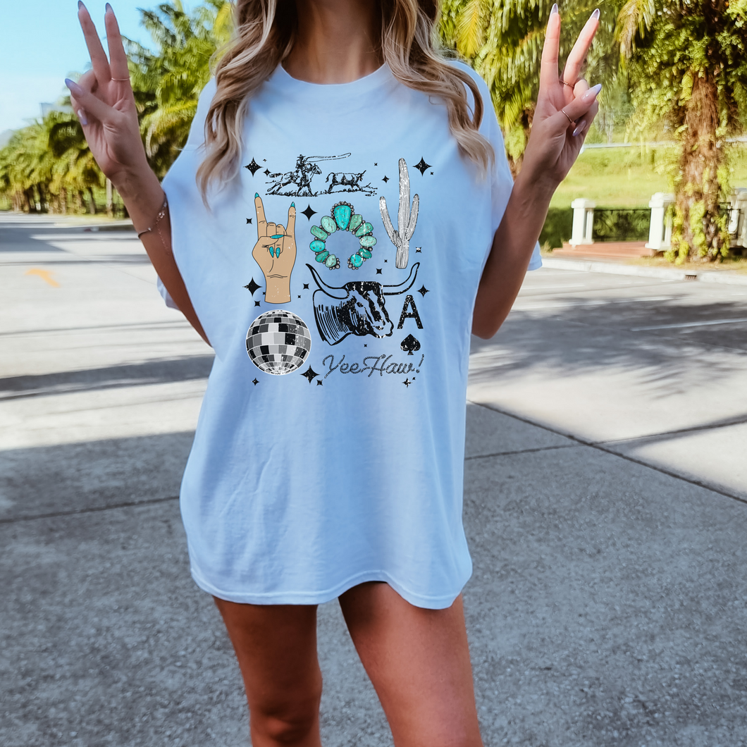 Western Collage Turquoise Cow Comfort Colors Shirt - Yeehaw Cactus Roping Western Style Boutique