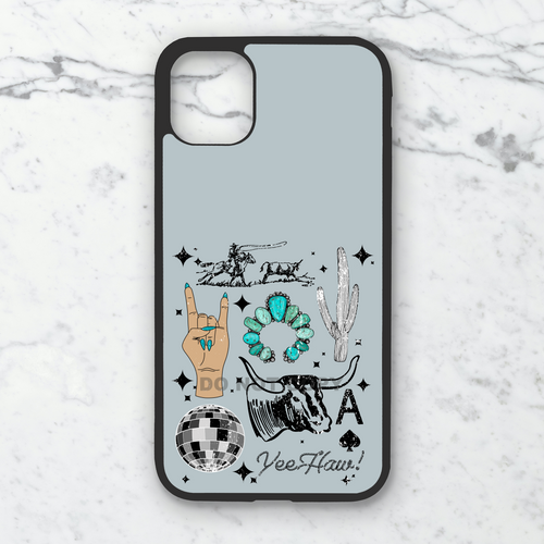Collage Turquoise Cow Yeehaw  Western Custom Phone Case