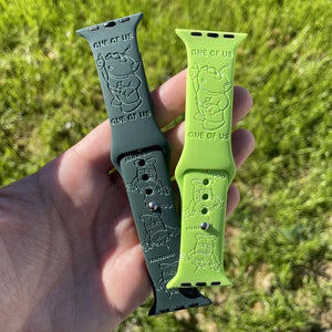 Custom laser engraved Apple watch band with little green men and alien designs.