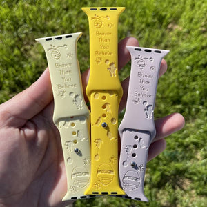 Custom laser engraved Apple watch band with honeybees, Winnie the Pooh & text that says "Braver Than You Believe"