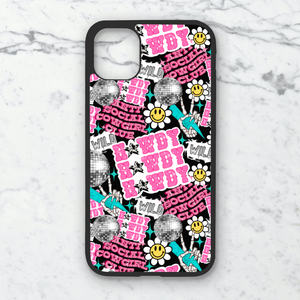 Black iphone case, pink text that says "Howdy" and "anti social cowgirl club" with sunflowers.