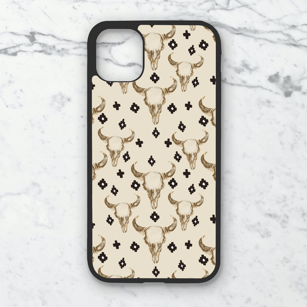 Black iPhone case with western themed cow skull designs. 