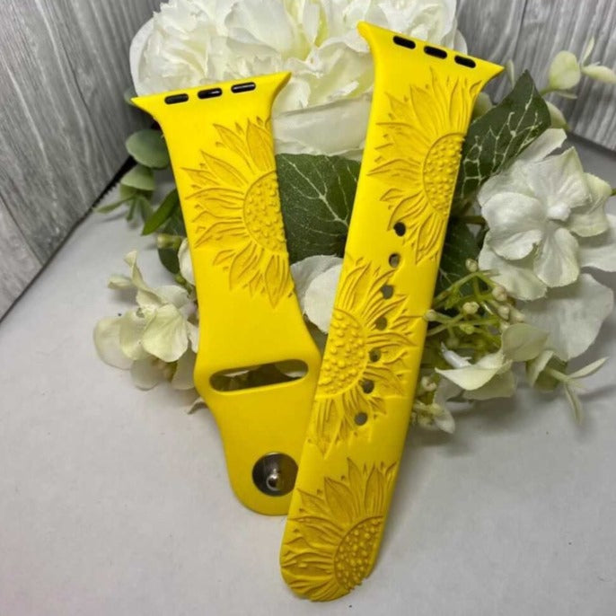 Custom laser engraved Apple watch band with large sunflowers.