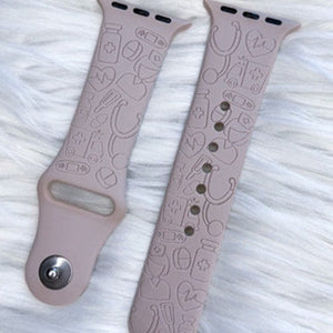 Custom laser engraved Apple watch band with medical designs like ambulances, stethoscope, nurses, doctors.