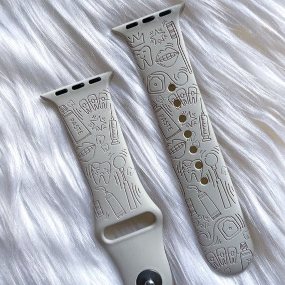 Custom laser engraved Apple watch band - dental theme/design. Teeth, smile, toothbrush, toothpaste.